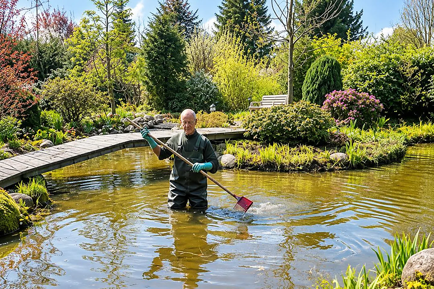 Arbeiten am Gartenteich: Reinigung der Wasserfläche